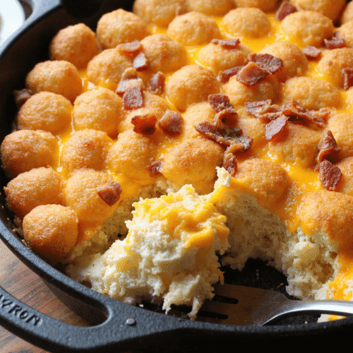 Bacon, Egg, and Tater Tot Casserole in a black cast iron skillet with a portion scooped out to reveal fluffy eggs and melted cheddar cheese.