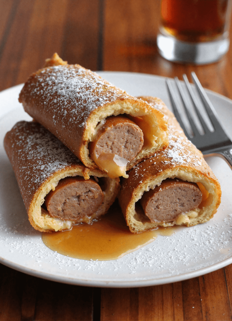 Three sausage French toast roll-ups on a white plate with maple syrup and powdered sugar, served with a fork and coffee in the background.