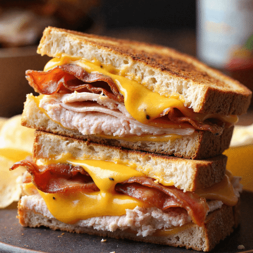 Stacked cheddar and bacon turkey melt sandwich with melted cheese dripping between toasted sourdough slices