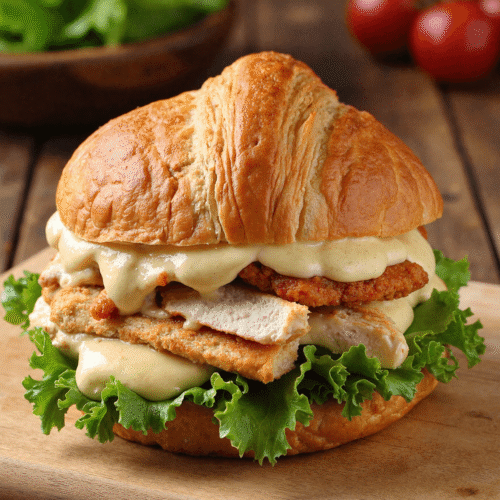 Chicken Caesar Croissant Sandwich with crispy chicken breast, fresh green lettuce, and creamy Caesar dressing on a toasted croissant.