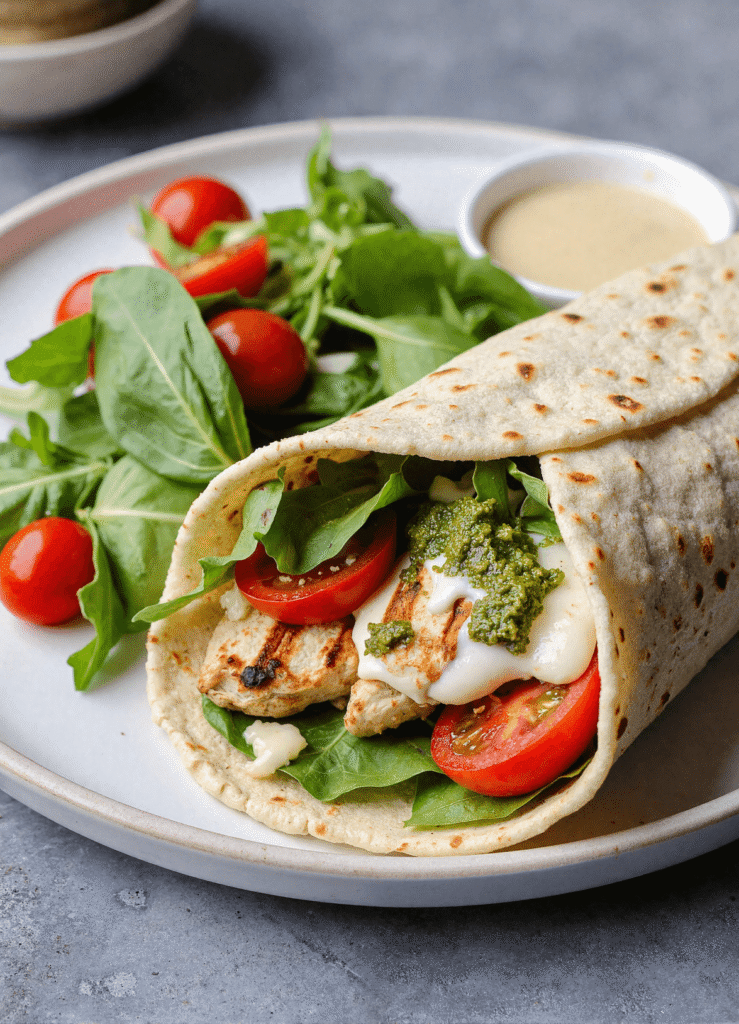 Grilled chicken pesto wrap with fresh arugula, cherry tomatoes, and mozzarella cheese, served with extra greens and dipping sauce on a white plate.