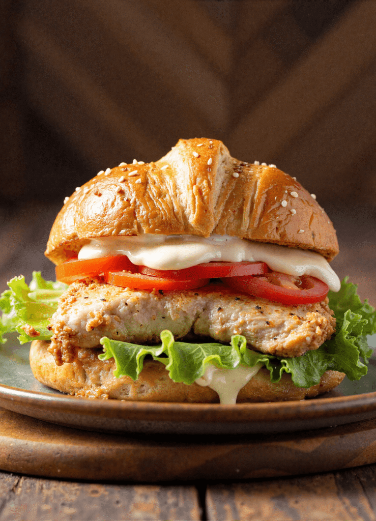 Toasted croissant sandwich filled with grilled chicken, sliced tomatoes, lettuce, and Caesar dressing, served on a rustic plate.