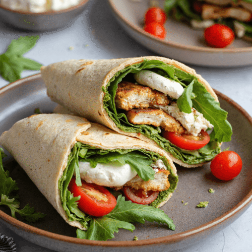 Sliced chicken pesto wraps with mozzarella, cherry tomatoes, and leafy greens on a brown ceramic plate, garnished with fresh herbs.