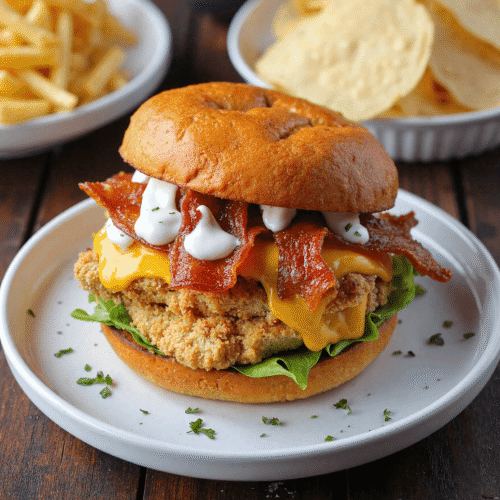Crispy bacon and ranch chicken melt sandwich on a golden bun with cheddar cheese, served with fries and potato chips on the side.