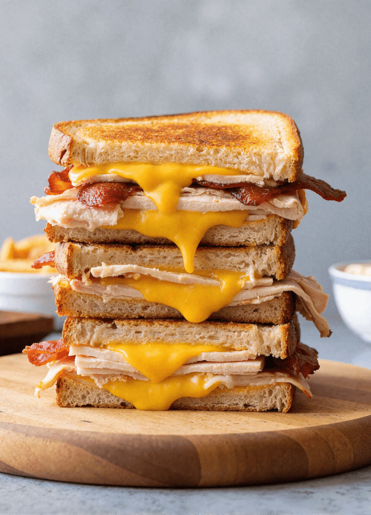 Grilled cheddar and bacon turkey melt cut in halves on a rustic plate with crispy potato chips