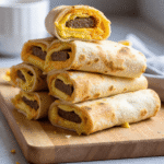 Stack of sausage, egg, and cheese breakfast roll-ups on a wooden board with golden tortillas and melted cheese