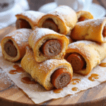 Golden brown sausage French toast roll-ups stacked on a wooden board with maple syrup drizzles and powdered sugar, served with coffee.