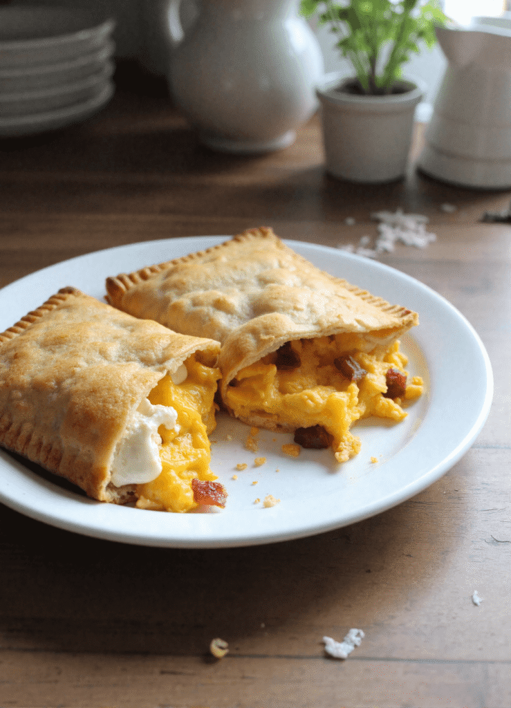 Plate of golden savory breakfast pop-tarts with scrambled eggs, crispy bacon, and melted cheese inside.