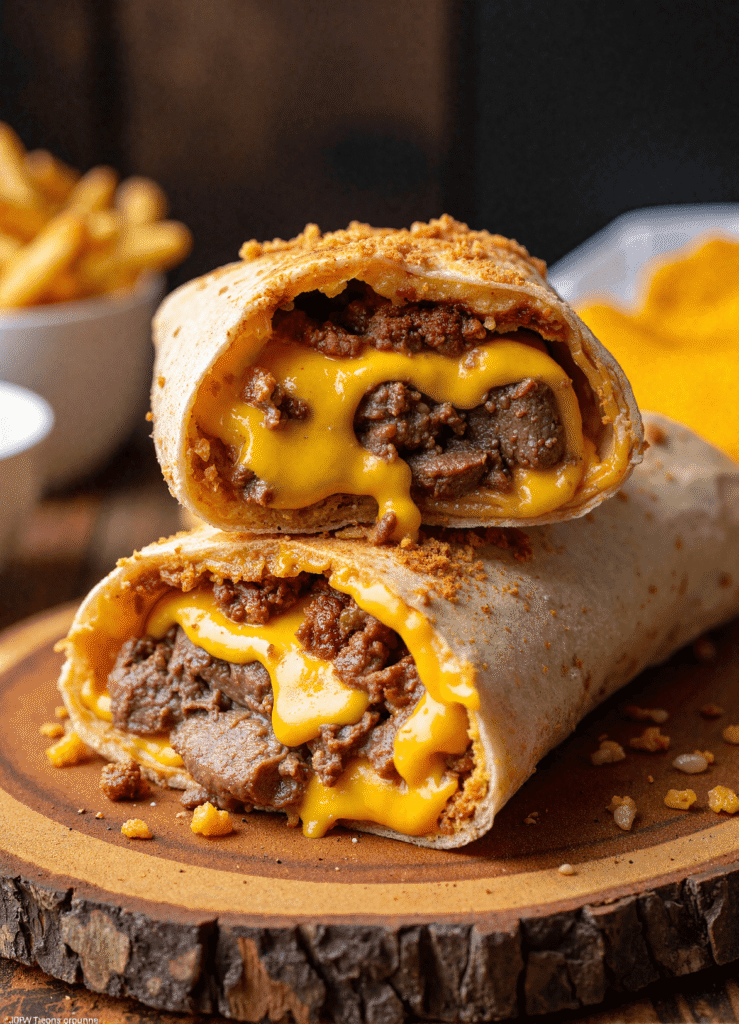 Close-up of a steak and cheese dirty fry burrito filled with melted cheddar, ground beef, and steak, cut open to reveal the gooey interior.