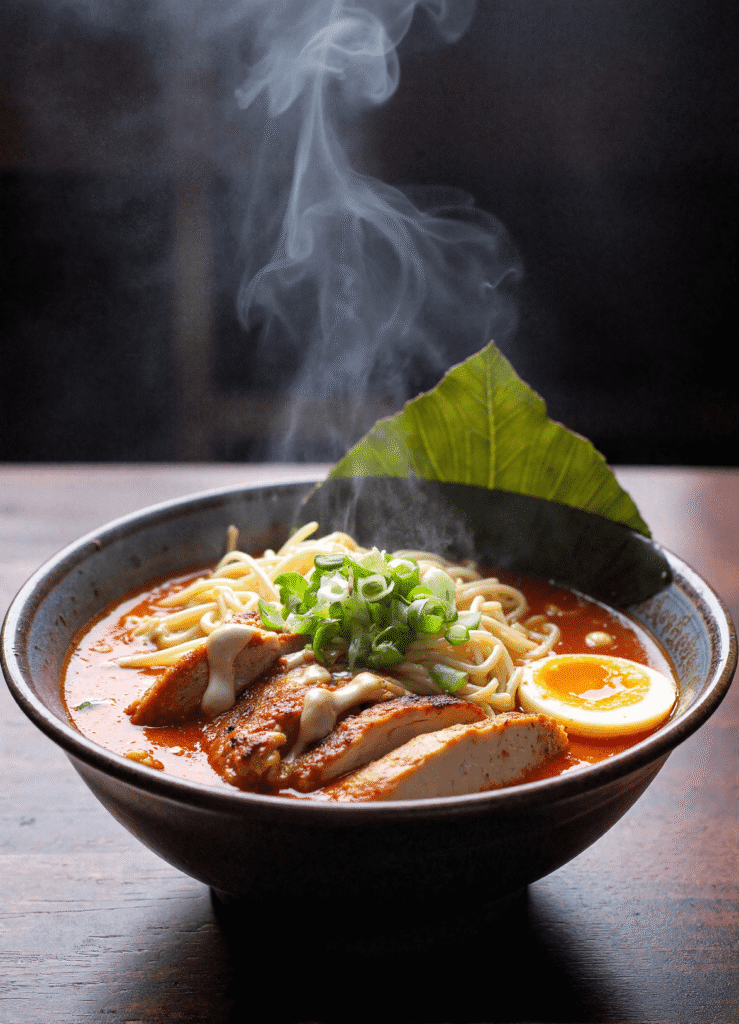 Steaming bowl of fiery chicken ramen with garlic cream, grilled chicken, scallions, noodles, and egg in spicy broth.