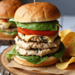 Stacked white cheddar spinach chicken burgers with lettuce and tomato on toasted buns served with potato chips