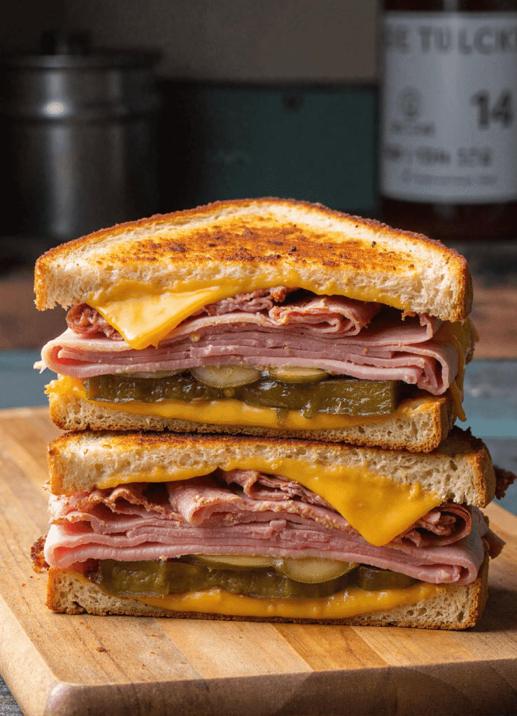 Pressed Cuban sandwich cut in half showing layers of ham, pickles, and melted cheese on golden toasted bread