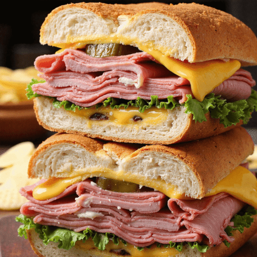 Close-up of a stacked grilled Cuban sandwich layered with ham, cheddar cheese, pickles, lettuce, and golden crusty bread