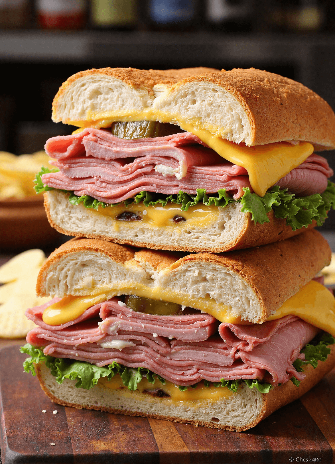 Close-up of a stacked grilled Cuban sandwich layered with ham, cheddar cheese, pickles, lettuce, and golden crusty bread