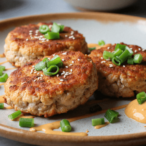 Stack of crispy Asian tuna cakes topped with green onions and drizzled with spicy orange mayo sauce