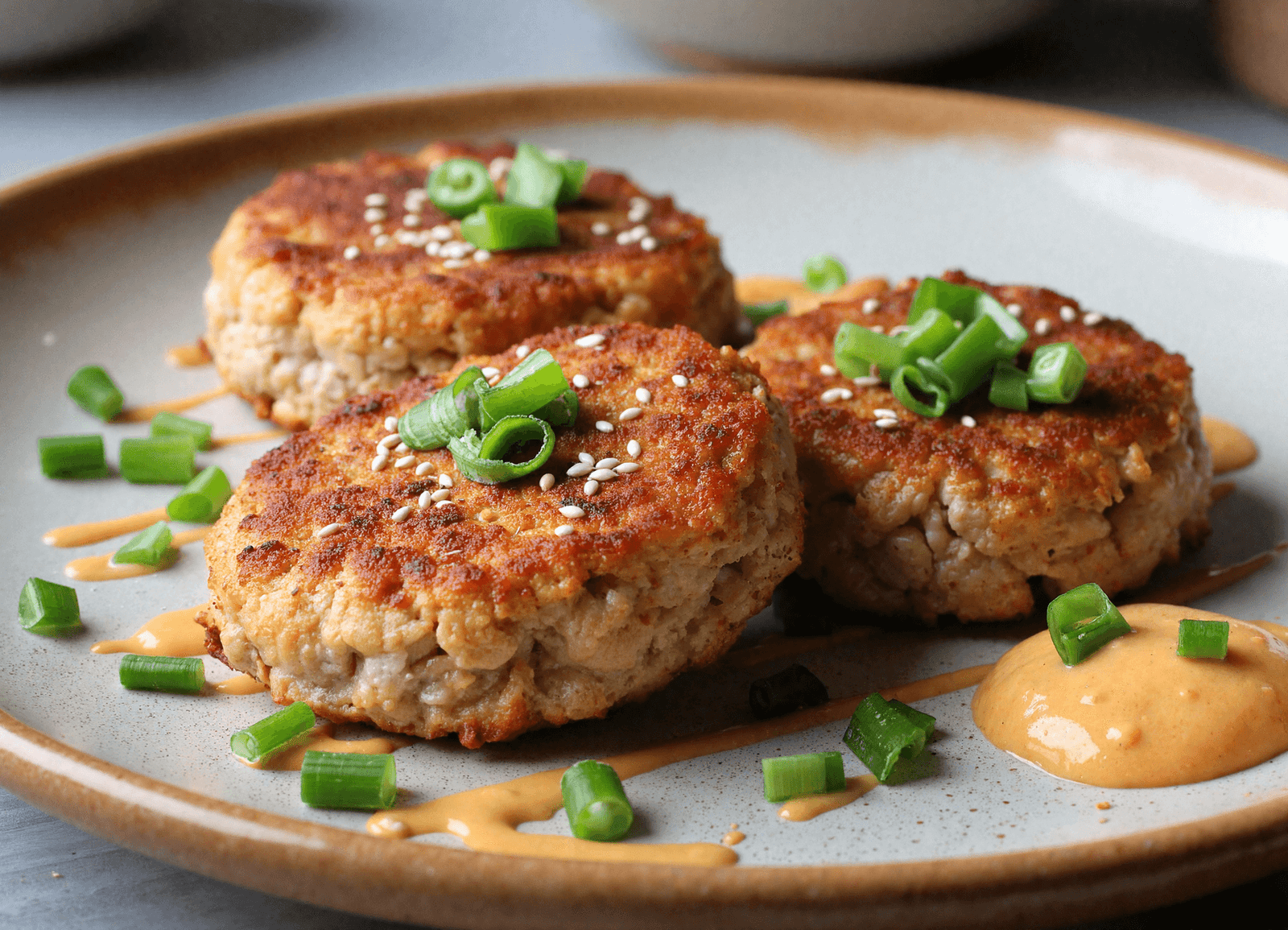 Stack of crispy Asian tuna cakes topped with green onions and drizzled with spicy orange mayo sauce