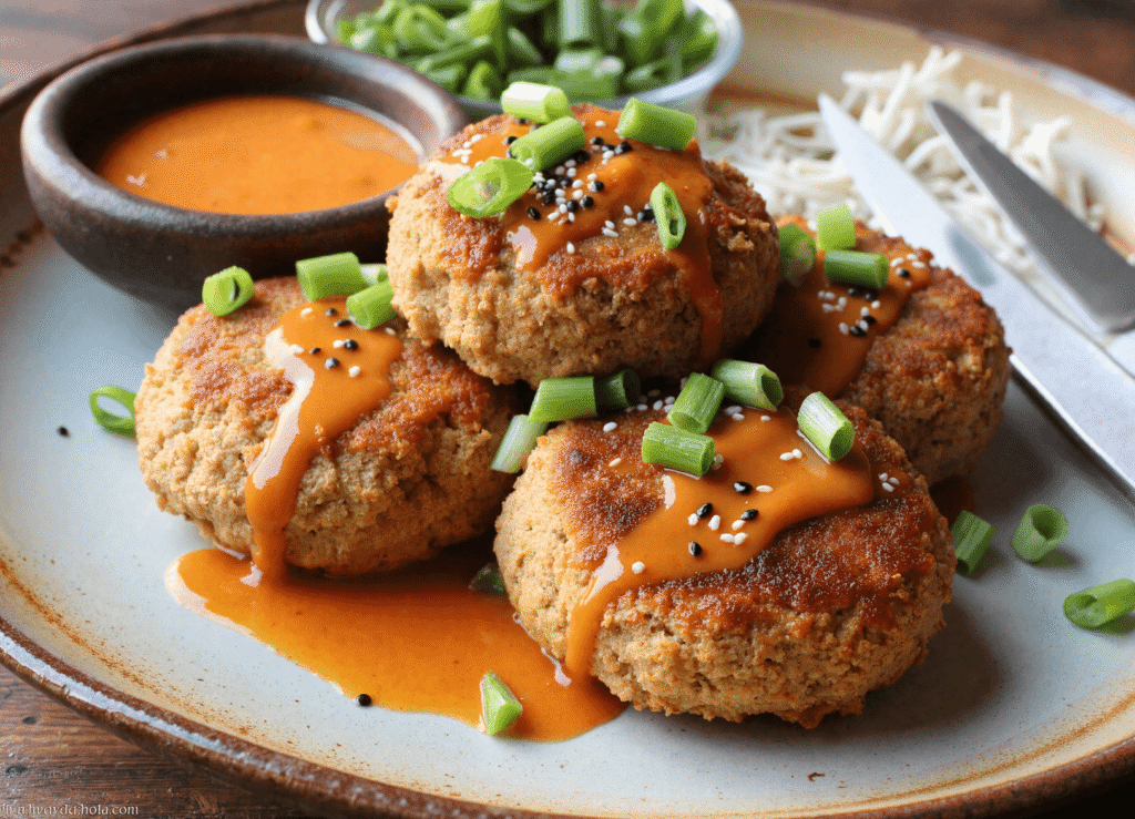 Stack of crispy Asian tuna cakes topped with green onions and drizzled with spicy orange mayo sauce