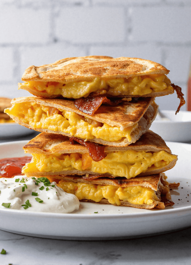 Tall stack of bacon egg and cheese breakfast quesadillas on a white plate, filled with layers of scrambled eggs, crispy bacon, and melted cheddar cheese.