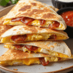Stacked bacon egg and cheese breakfast quesadillas on a plate, showing crispy golden tortillas filled with melted cheese, scrambled eggs, and crispy bacon, served with salsa and sour cream.