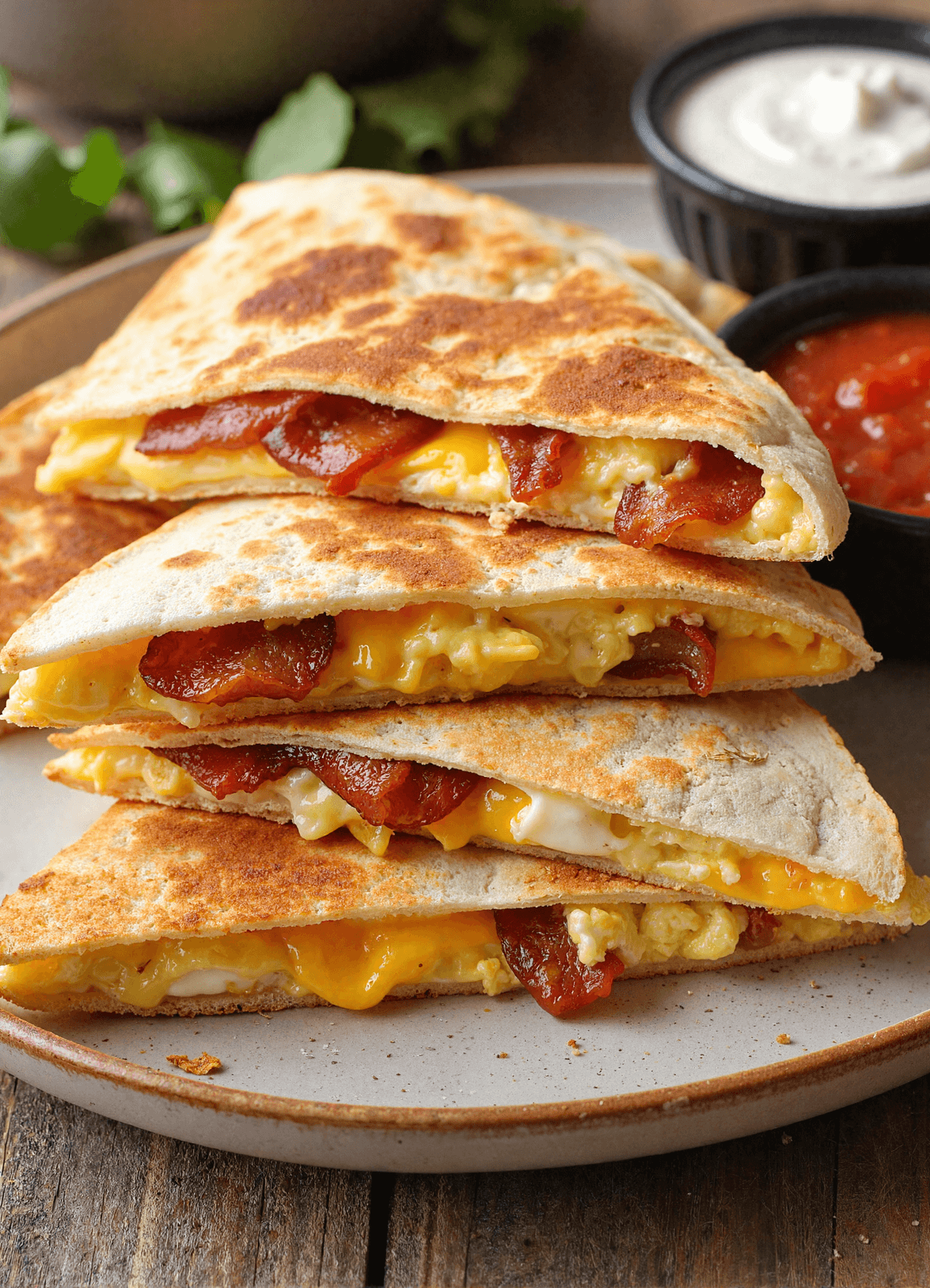Stacked bacon egg and cheese breakfast quesadillas on a plate, showing crispy golden tortillas filled with melted cheese, scrambled eggs, and crispy bacon, served with salsa and sour cream.