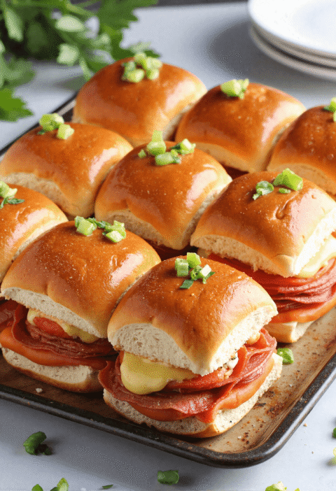 Cheesy baked Italian sandwich sliders with green onion garnish on golden buns, stacked with meats and melted cheese.