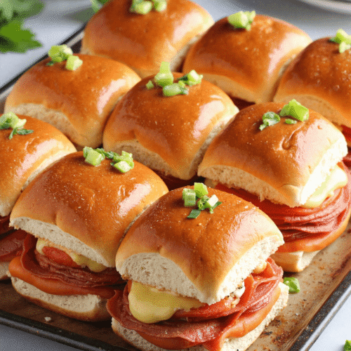 Cheesy baked Italian sandwich sliders with green onion garnish on golden buns, stacked with meats and melted cheese.