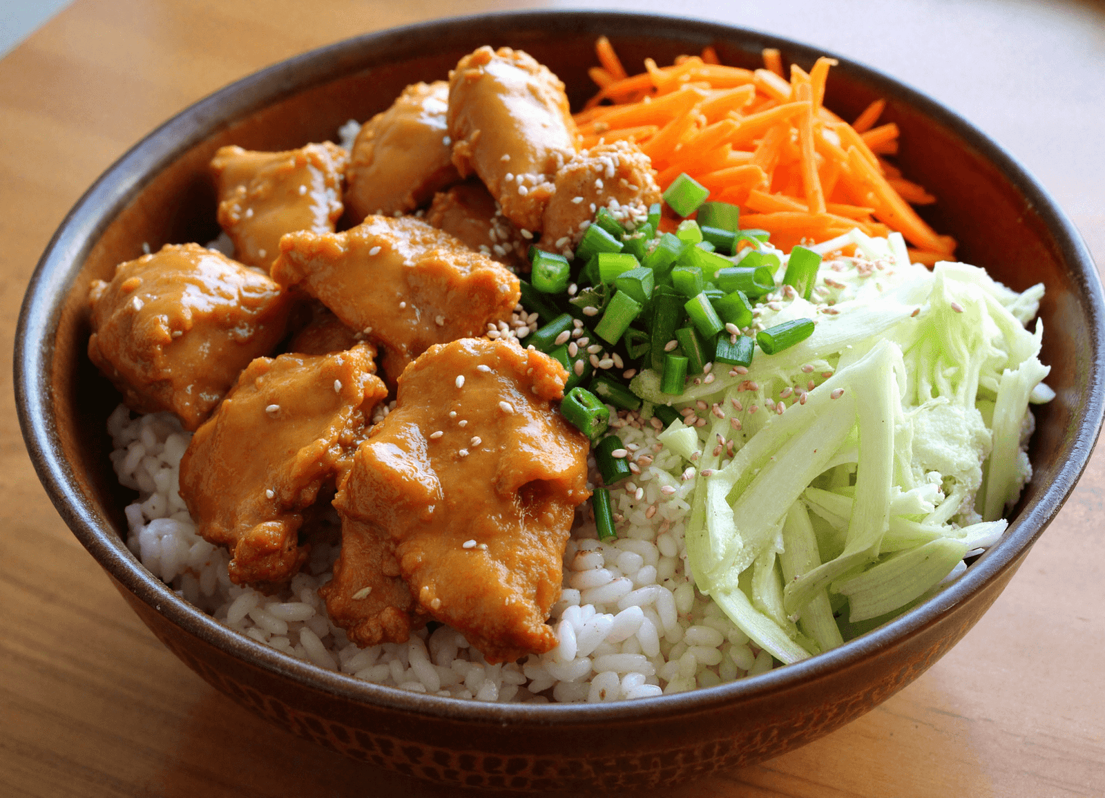Bang Bang Chicken Bowl with sesame glazed chicken, shredded cabbage, carrots, and green onions over jasmine rice