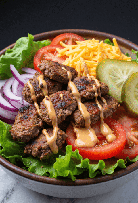 Low carb burger bowl with grilled beef patty, cheddar cheese, pickles, tomato, red onion, and lettuce drizzled with special burger sauce.