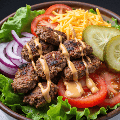 Low carb burger bowl with grilled beef patty, cheddar cheese, pickles, tomato, red onion, and lettuce drizzled with special burger sauce.