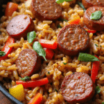 Close-up of cajun sausage and rice skillet with sliced andouille sausage, bell peppers, and herbs in a cast iron pan.