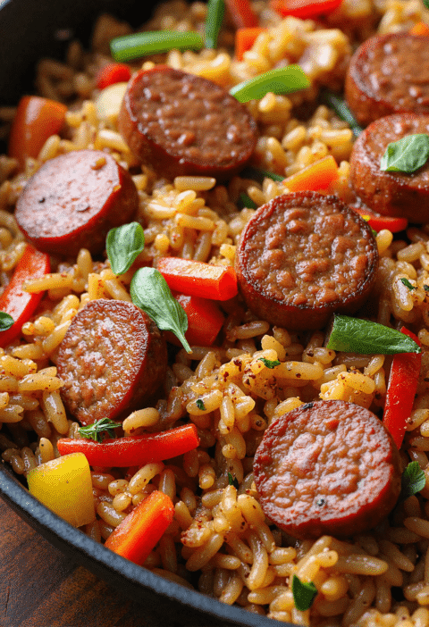 Close-up of cajun sausage and rice skillet with sliced andouille sausage, bell peppers, and herbs in a cast iron pan.