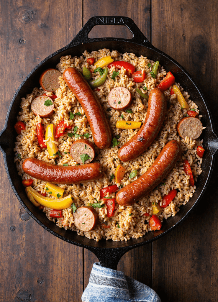 Overhead view of full cast iron skillet with whole and sliced sausage, seasoned rice, and colorful bell peppers.