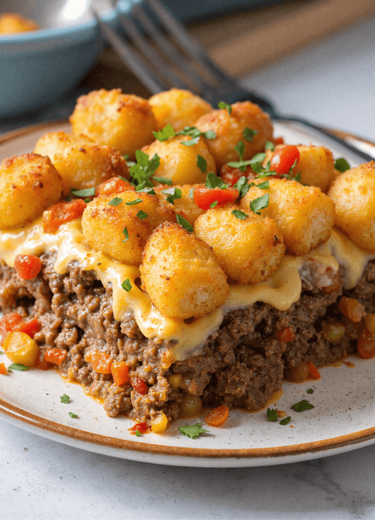 Close-up of cheeseburger tater tot casserole served on a white plate with a crispy tater tot topping, cheddar cheese, seasoned ground beef, and fresh parsley garnish.