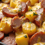 Close-up of golden cheesy ranch potatoes and sliced smoked sausage garnished with parsley in a skillet.
