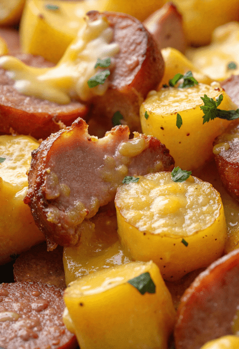 Close-up of golden cheesy ranch potatoes and sliced smoked sausage garnished with parsley in a skillet.