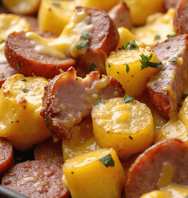 Close-up of golden cheesy ranch potatoes and sliced smoked sausage garnished with parsley in a skillet.