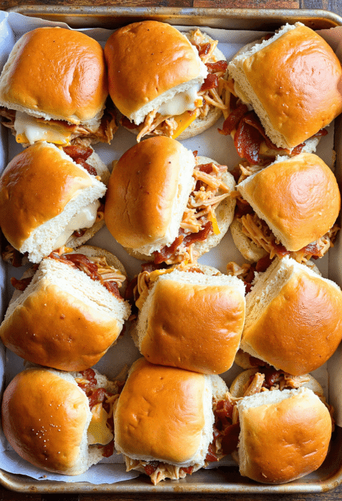 Tray of twelve chicken bacon ranch sliders with melted cheese and bacon layered on soft slider buns