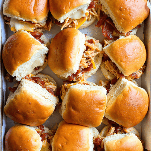 Tray of twelve chicken bacon ranch sliders with melted cheese and bacon layered on soft slider buns