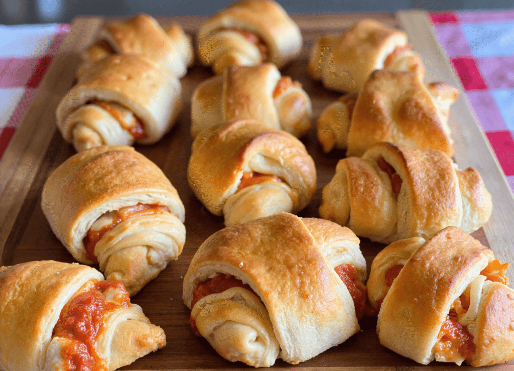 Golden crescent-wrapped chicken parmesan pillows filled with marinara and mozzarella cheese on a wooden board.
