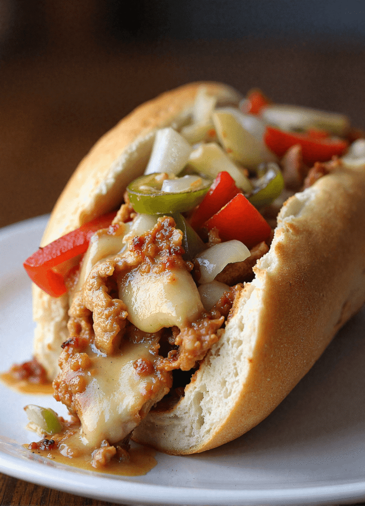 Close-up of a loaded chicken Philly cheesesteak sandwich with melted provolone cheese, sautéed peppers, and seasoned chicken on a toasted hoagie roll.