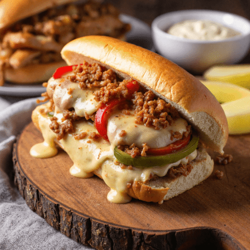 Loaded chicken Philly cheesesteak with melted provolone, sautéed green peppers, red bell peppers, and onions served on a soft hoagie bun.