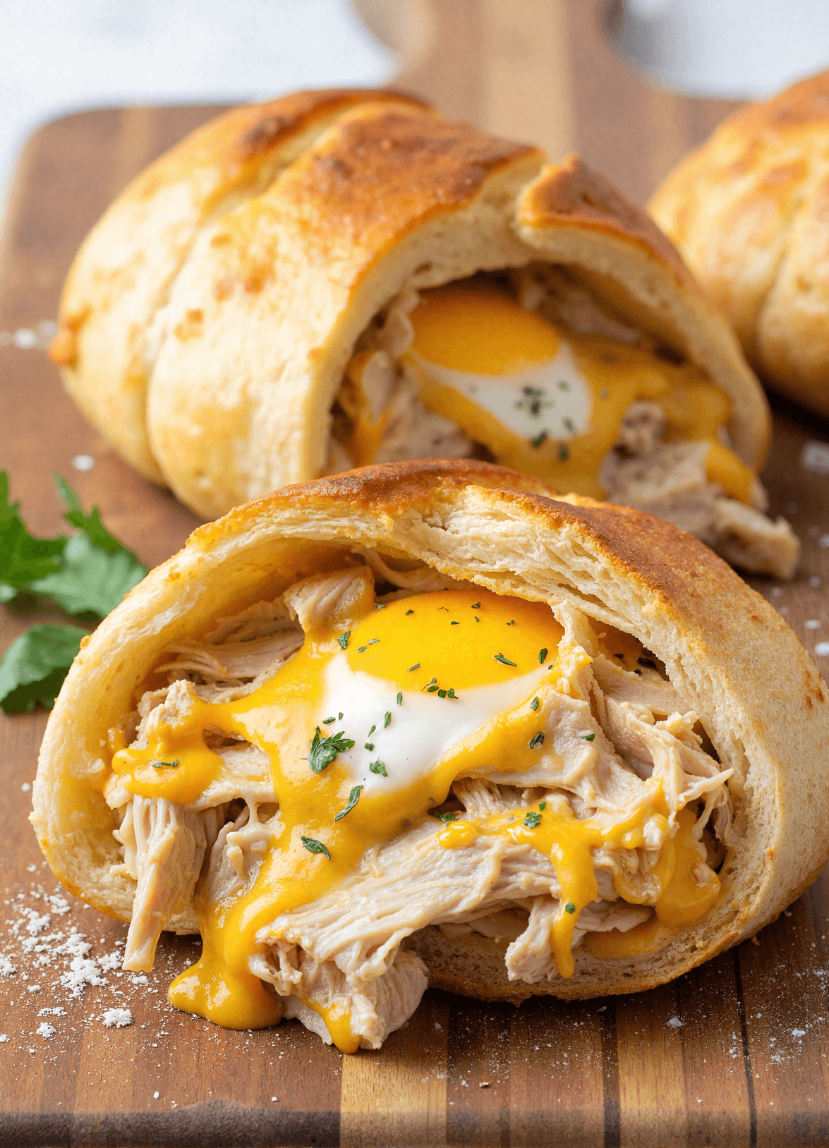 Close-up of cheesy chicken breakfast braid slice with visible egg yolk and herbs
