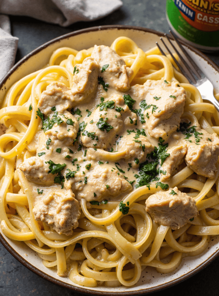 Plate of cowboy butter chicken linguine topped with creamy garlic butter sauce, seared chicken breast pieces, and fresh parsley.