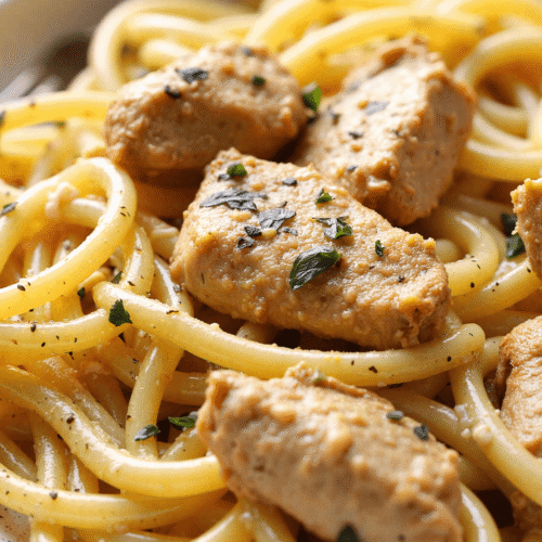 Plate of cowboy butter chicken linguine topped with creamy garlic butter sauce, seared chicken breast pieces, and fresh parsley.