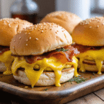 Crack breakfast sliders stacked with bacon, egg, and melted cheese on golden sesame buns