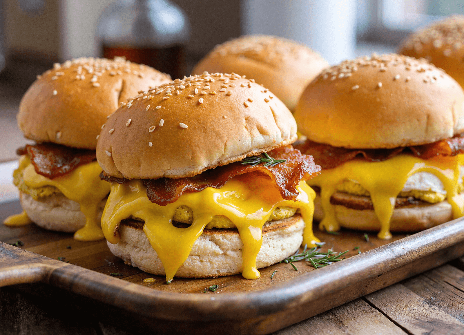 Crack breakfast sliders stacked with bacon, egg, and melted cheese on golden sesame buns