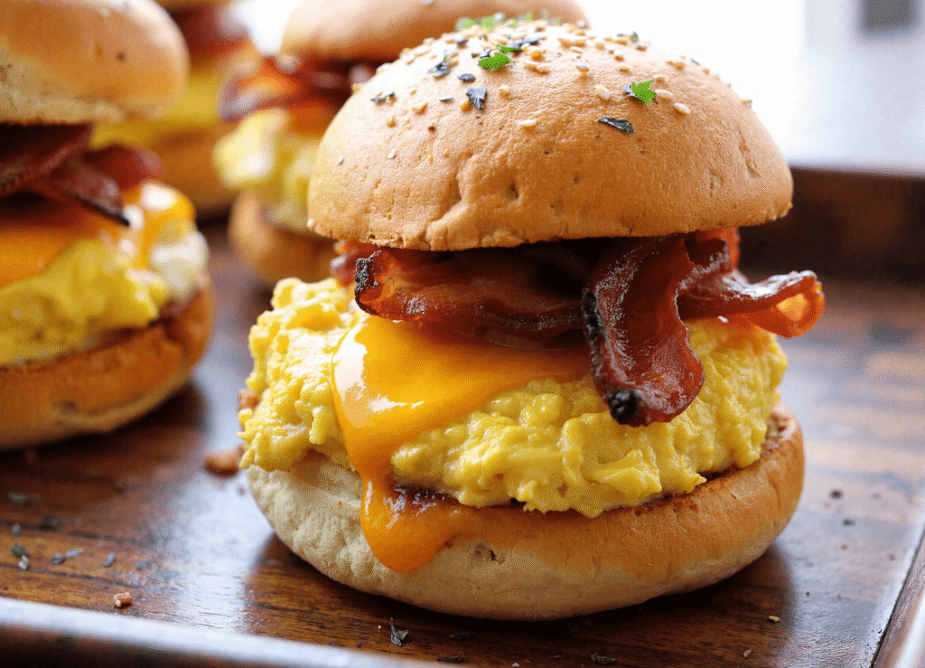 Crack breakfast sliders stacked with bacon, egg, and melted cheese on golden sesame buns