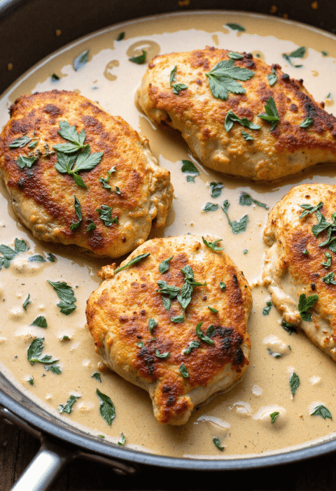 Golden-seared Cajun chicken breasts in a cast iron skillet, simmering in creamy garlic herb sauce with chopped parsley on top.