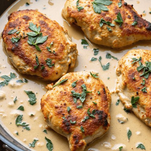 Golden-seared Cajun chicken breasts in a cast iron skillet, simmering in creamy garlic herb sauce with chopped parsley on top.