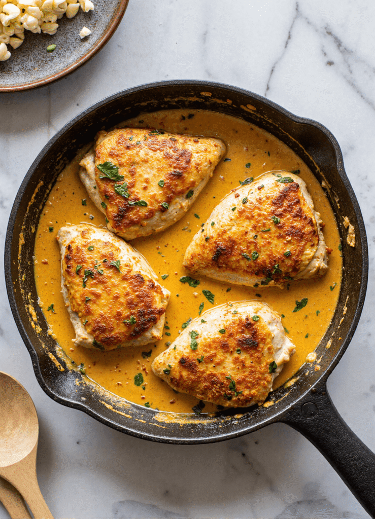Juicy Cajun-seasoned chicken breasts in a creamy herb sauce, garnished with fresh parsley in a deep skillet.